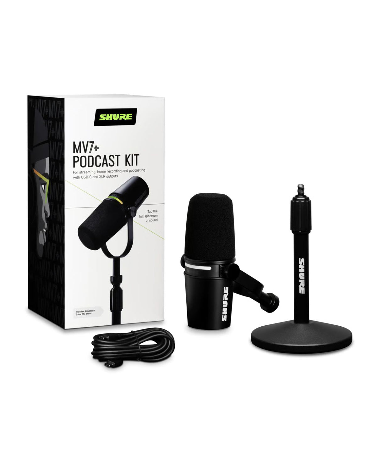Shure MV7+ Podcast Kit – XLR/USB Mic Bundle with Desktop Stand (Black)