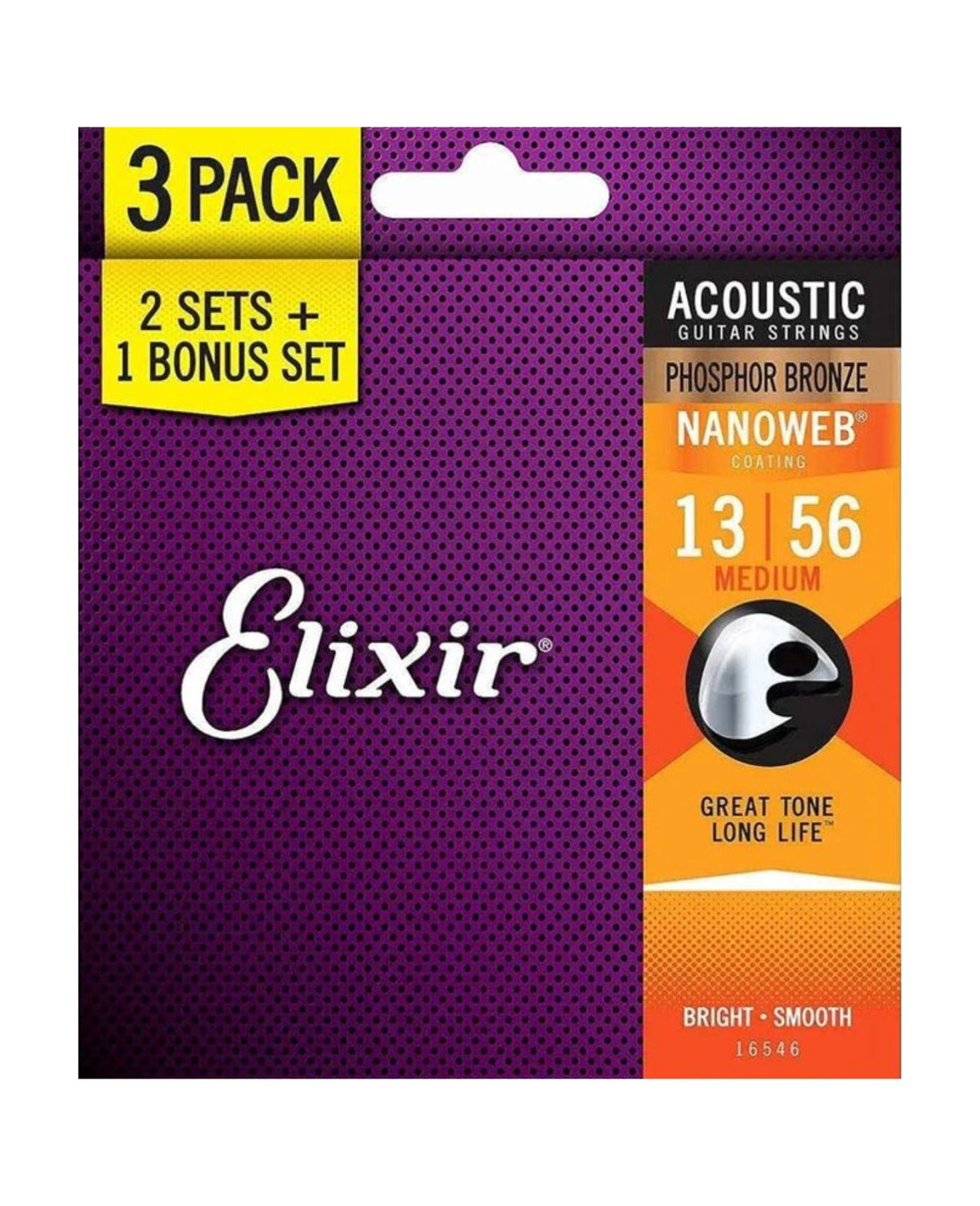 Elixir NANOWEB Phosphor Bronze Acoustic Strings – Medium (.013–.056), 3-Pack