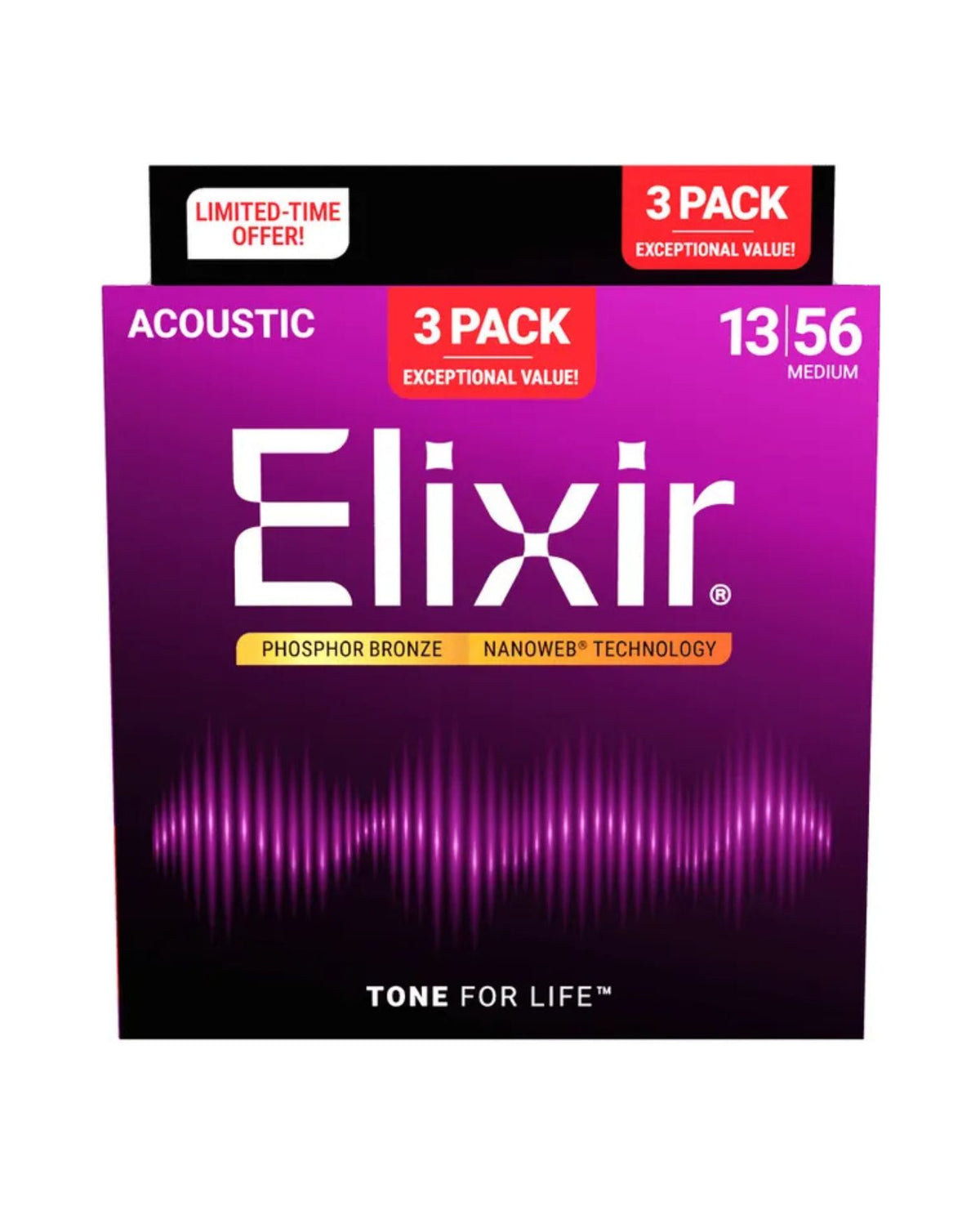 Elixir Nanoweb Phosphor Bronze Acoustic Guitar Strings .013–.056 Medium 3-Pack