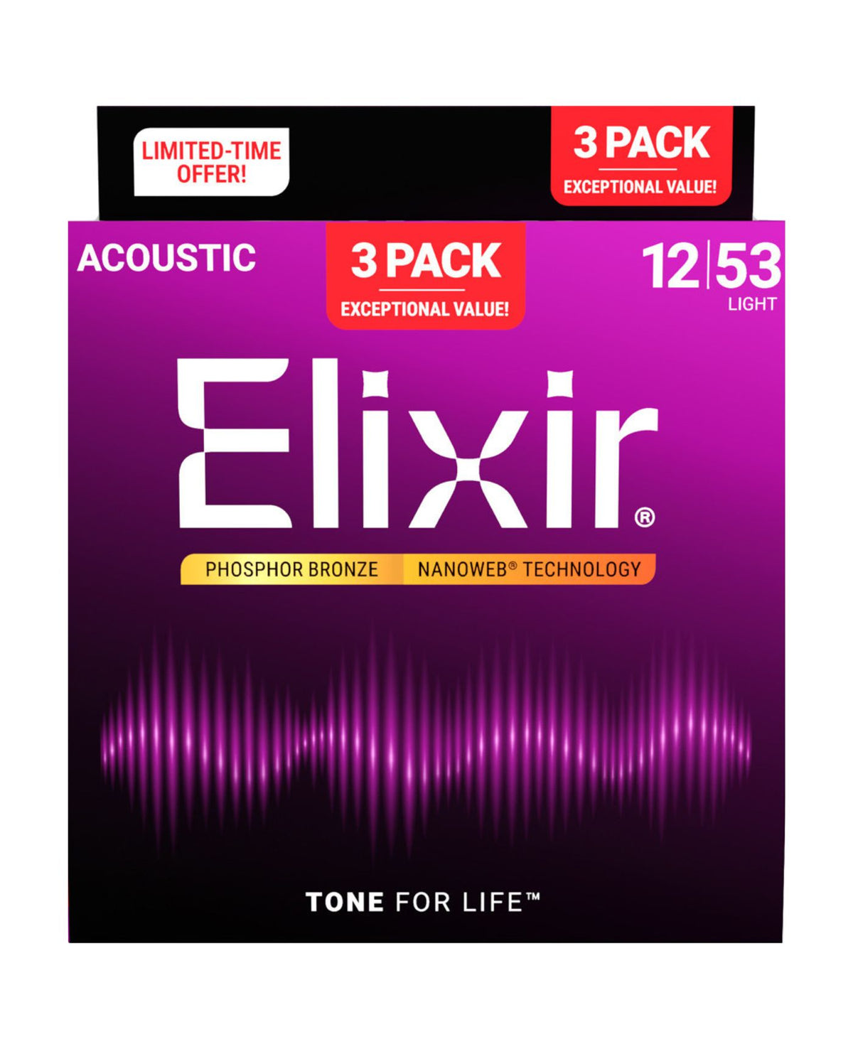 Elixir NANOWEB 80/20 Bronze Acoustic Strings – Light (.012–.053), 3-Pack
