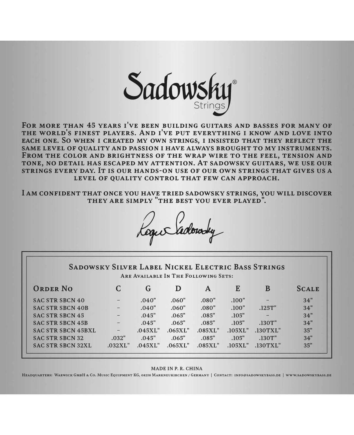 Sadowsky Silver Label Bass String Set – 4-String Nickel – Long Scale (34 inch) .045-.105