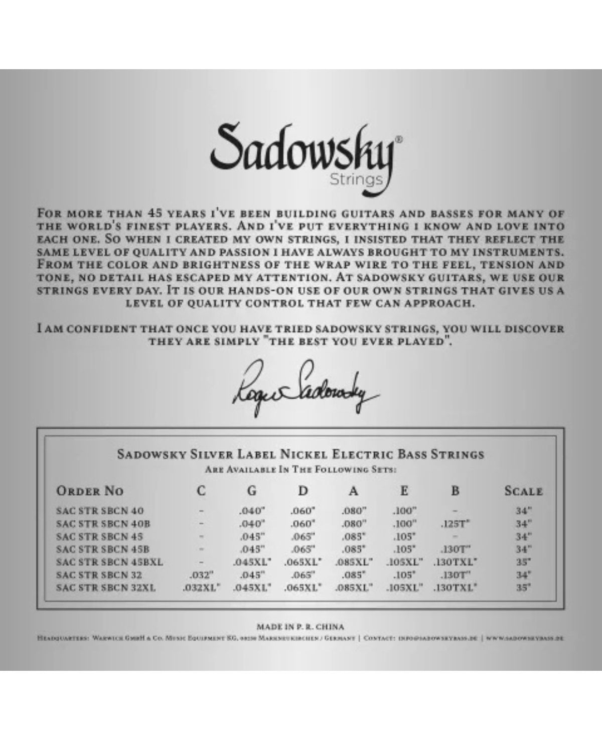Sadowsky Silver Label Bass String Set – 5-String – Nickel – Taperwound – Long Scale (34 inch) .045-.130
