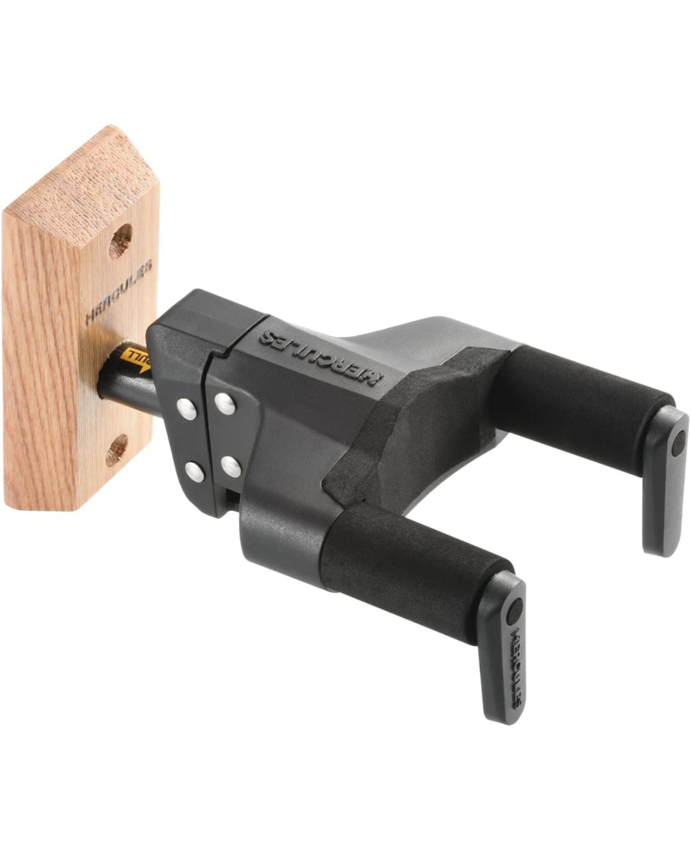 Hercules Stands GSP38WBW PLUS Auto Grip Guitar Hanger for Wall Mounting w/ Brown Wood Base, Short Arm