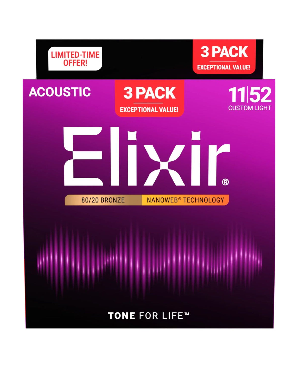 Elixir NANOWEB 80/20 Bronze Acoustic Strings – Custom Light (11–52) 3-Pack