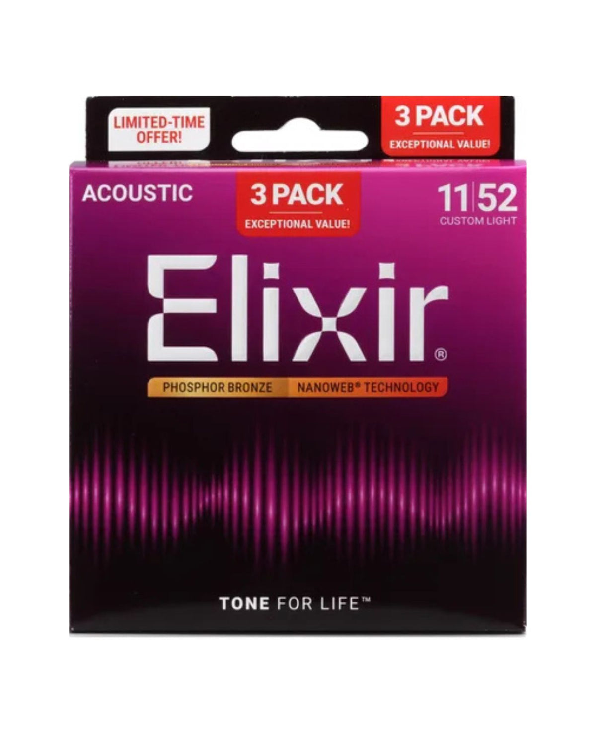 Elixir Nanoweb 80/20 Bronze Acoustic Guitar Strings .011–.052 Custom Light 3-Pack 16538